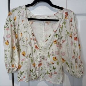 Womens Puff Sleeve Floral Linen Blend Top Size XS Dainty Feminine Coquette Twee